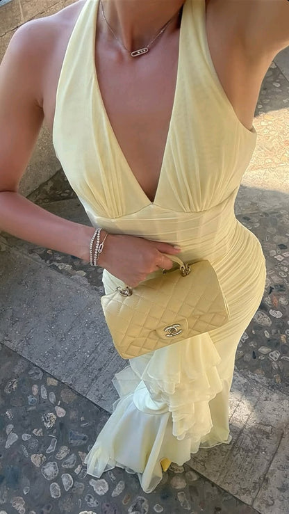 Sexy Light Yellow Sheath Halter Corset Chiffon Long Prom Dress Outfits SH6738