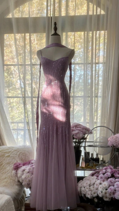 Purple Sheath Spaghetti Strap Beaded Tulle Long Prom Dress Evening Dress SH2443
