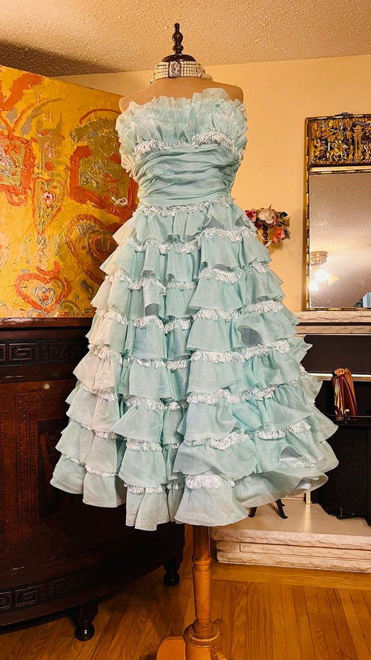 1940s Teal Vintage A Line Strapless Layered Organza Gown Homecoming Dress SH3661
