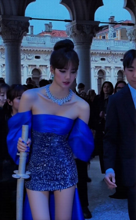 Royal Blue Sheath Strapless Sequin Satin Short Prom Dress Homecoming Dress SH4092