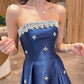 Elegant A Line Strapless Shiny Rhinetone Navy Blue Satin Long Prom Dress Evening Dress SH8323