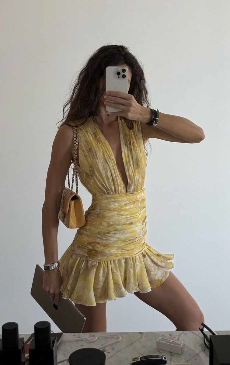 Summer Sheath V Neck Print Floral Yellow Chiffon Short Homecoming Dress Mini Dress SH8017