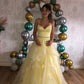 Yellow A Line Spaghetti Strap Lace Appliques Layered Organza Long Prom Dress Formal Dress SH3856