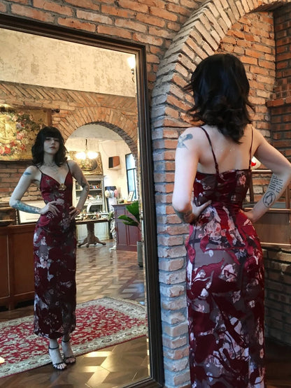 Sexy Sheath Spaghetti Strap Print Burgundy Satin Prom Dress Evening Dress SH8572