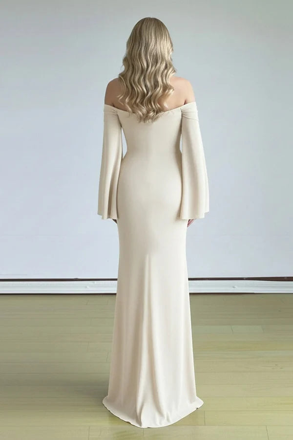 Elegant Ivory Sheath Long Sleeve Beaded Chiffon Long Prom Dress Evening Dress SH6609