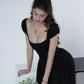 Elegant Black A Line Strap Satin Prom Dress Evening Dress SH7287