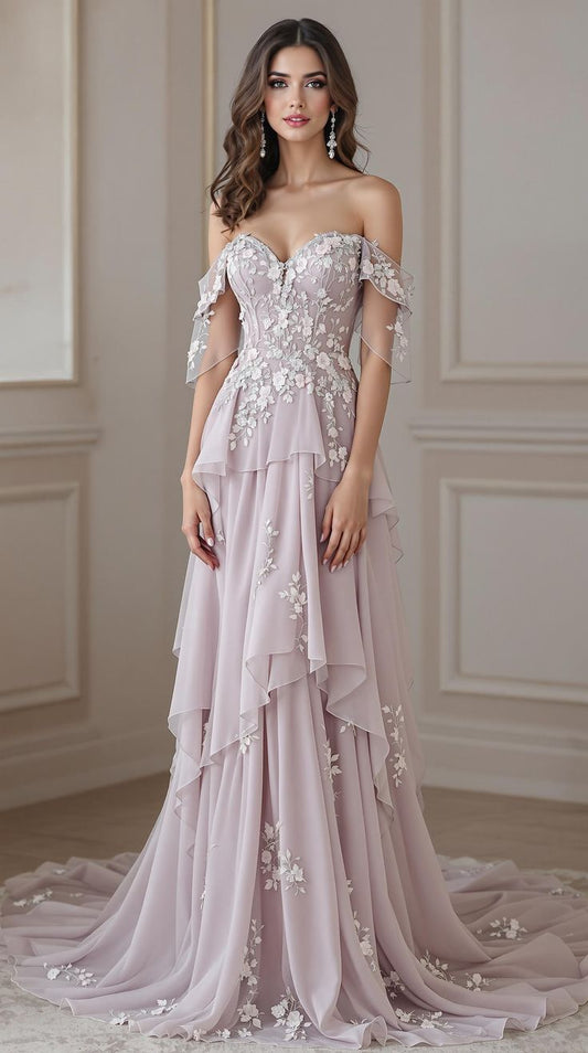 Pastel Lilac A Line Appliques Layered Chiffon Prom Dress 16th Birthday Dress Wedding Guest Dress SH4279