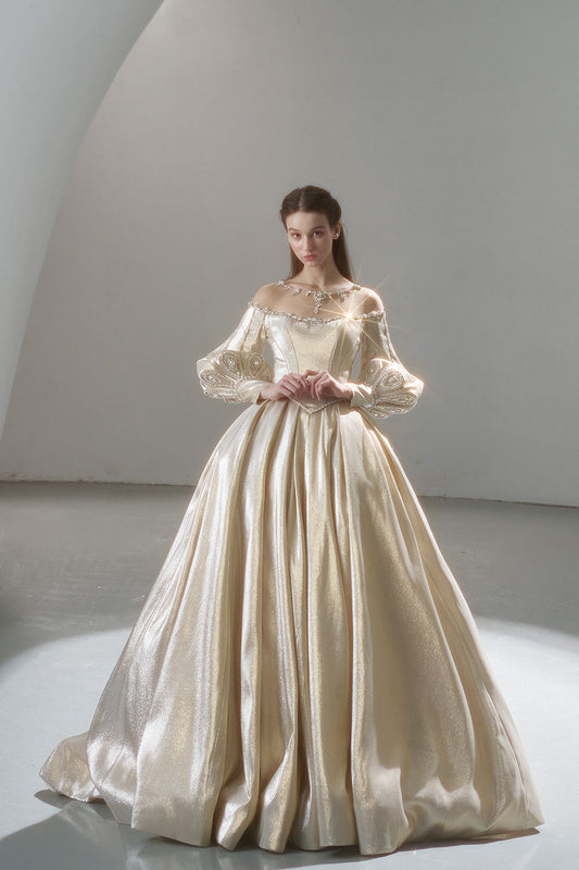 Golden Princess Ball Gown Long Sleeve Beaded Sequin Prom Dress 16th Birthday Dress SH4109