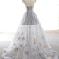 Gray A Line Sweetheart Appliques Tulle Long Prom Dress Evening Dress SH1712