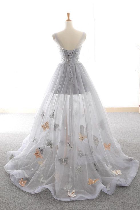 Gray A Line Sweetheart Appliques Tulle Long Prom Dress Evening Dress SH1712