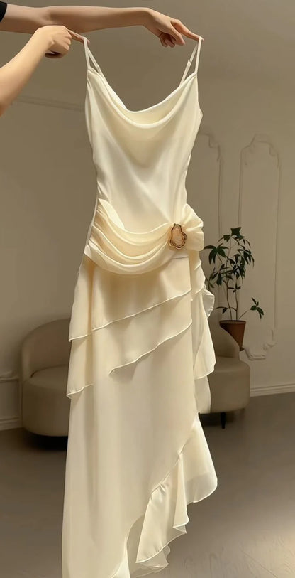 Elegant Sheath Spaghetti Strap Ruffle Ivory Chiffon Prom Dress Evening Dress SH2344
