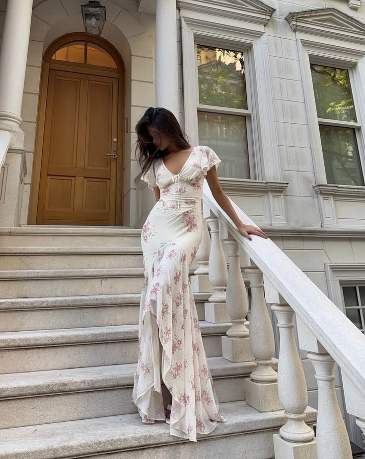 Pretty Mermaid V Neck Print Floral Chiffon Long Party Dress Prom Dress SH7638