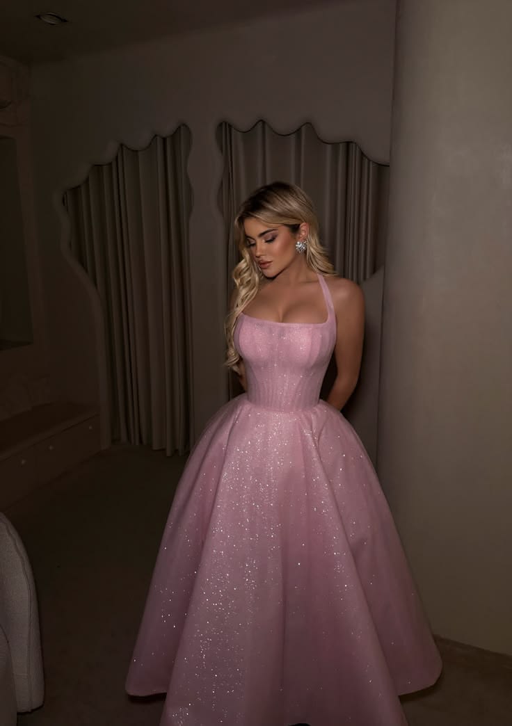 Pink A Line Halter Corset Sequin Long Prom Dress Evening Dress SH8843