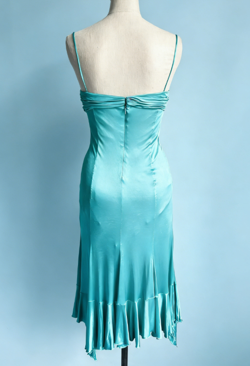 Vintage Blue Lake A Line Spaghetti Strap Ruffle Satin Short Homecoming Dress Outfits SH5139