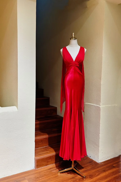 Vintage Red Mermaid Halter Satin Chiffon Open Back Long Prom Dress SH5208