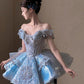 Blue A Line Off the Shoulder Exquisite Beaded Sequin Short Homecoming Dress SH5033