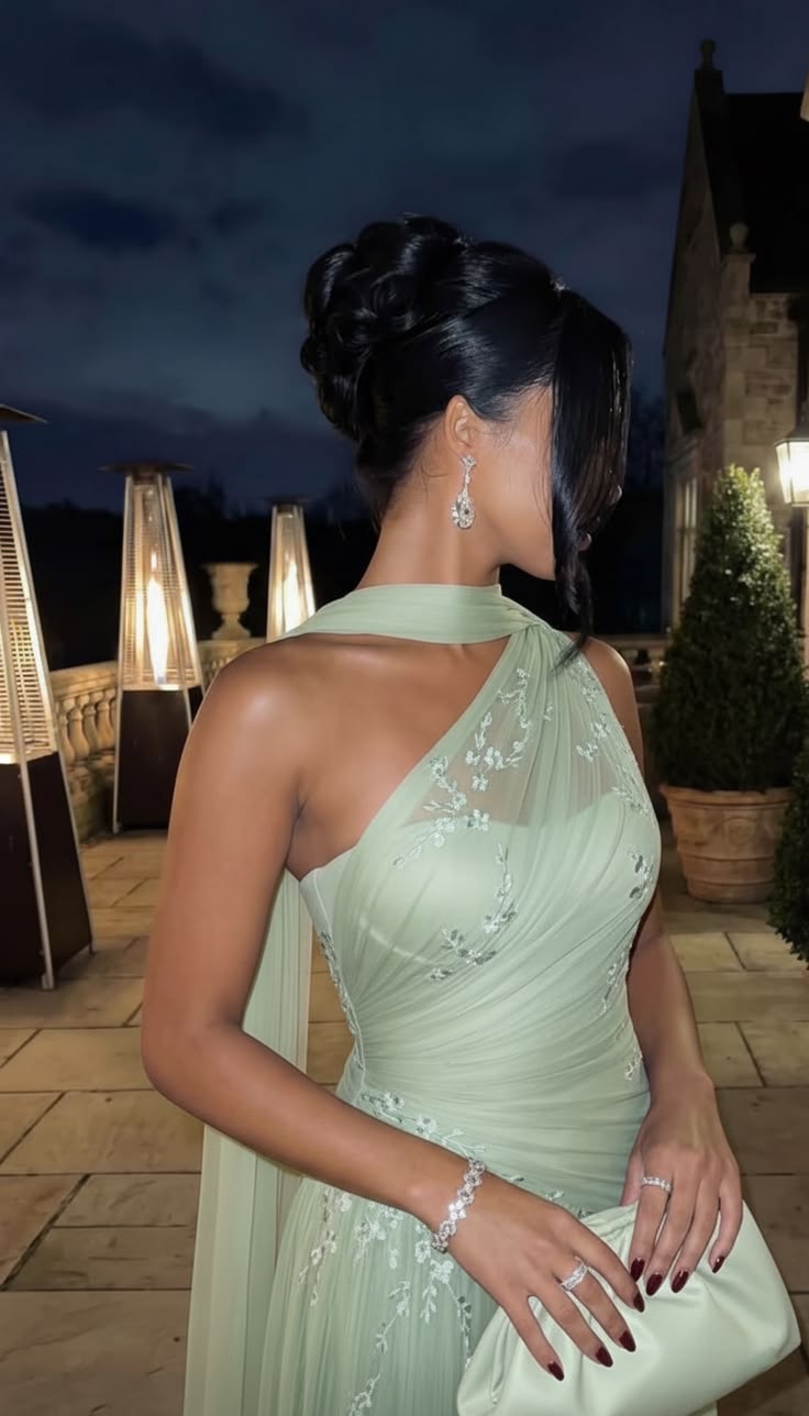 Sage Green A Line One Shoulder Embroidery Chiffon Prom Dress Evening Dress SH5620