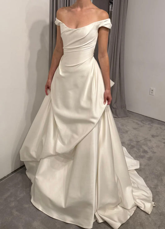 Simple A Line Off the Shoulder White Pleated Satin Long Wedding Dress SH8349