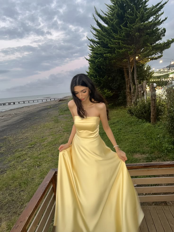 Sweety Yellow A Line Strapless Simple Satin Prom Dress Evening Dress SH8330