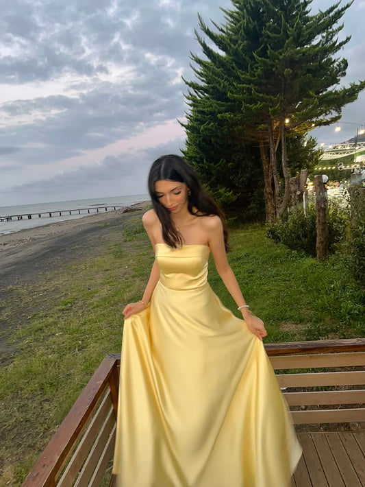 Sweety Yellow A Line Strapless Simple Satin Prom Dress Evening Dress SH8330