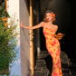 Sexy Sheath Spaghetti Straps Orange Print Floral Satin Long Prom Dress Outfits SH4331