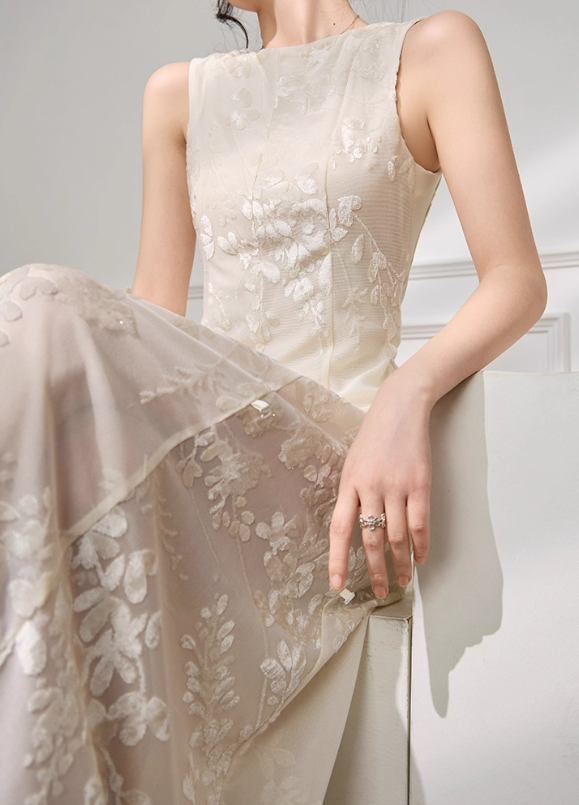 White A Line Round Neck Print Floral Chiffon Prom Dress Outfits SH4734