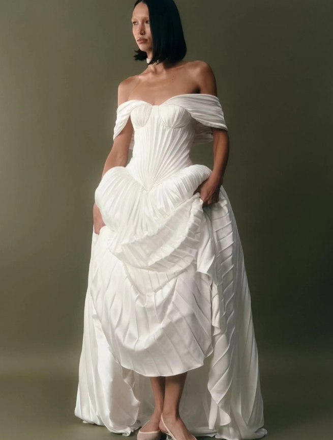 Elegant Ball Gown Off the Shoulder Pleated White Satin Long Wedding Dress SH7156