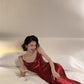 Simple Burgundy Sheath Spaghetti Strap Satin Party Dress Evening Dress SH2854
