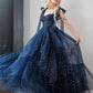 Star Sequin Navy Blue A Line Straps Layered Tulle Date Dress Prom Dress Evening Dress SH3888
