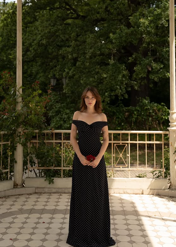 Classic A Line Off the Shoulder Polka Dot Satin Prom Dress Evening Dress SH5769