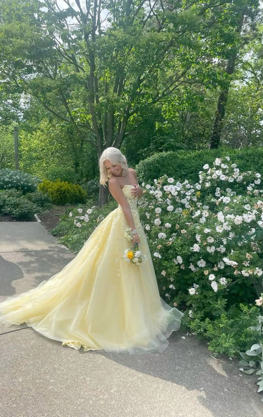 Yellow A Line Strapless Appliques Tulle Prom Dress Wedding Guest Dress SH4292