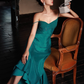 Lake Blue Sheath Spaghetti Strap Beaded Satin Long Prom Dress Party Dress Date Dresses SH4158