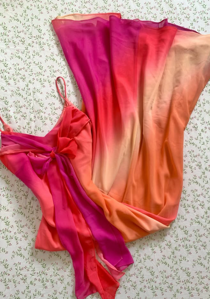 Vintage A Line Spaghetti Strap Orange-red Ombre Chiffon Prom Dress Party Dress SH7413