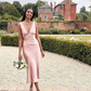 Cute Sheath V Neck Blue Satin Bridesmaid Dress Evening Dress SH2833