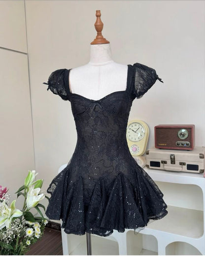 Cute Black A Line Puff Sleeve Lace Short Homecoming Dress SH7976