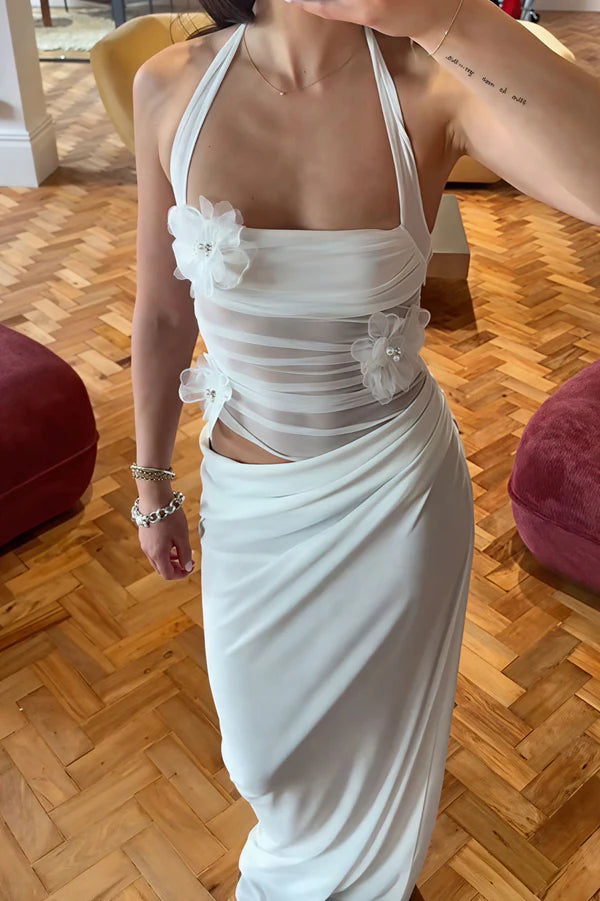 Sexy White Sheath Halter 3D Floral Tulle Satin Prom Dress Evening Dress SH5754