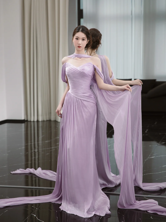 Gentle Purple A Line Off the Shoulder Pleated Satin Prom Dress Evening Dress SH4214