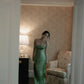 Vintage A Line Spaghetti Strap Beaded Green Satin Party Dress Evening Dress SH2864