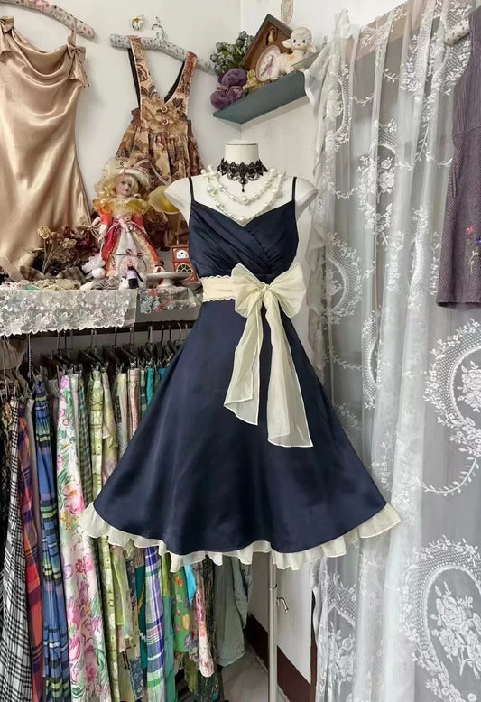 Vintage Navy Blue A Line Straps Bow Satin Short Homecoming Dress Outfits SH5748