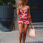 Print Floral Two Piece Sheath Sweetheart Neck Satin Mini Homecoming Dress Birthday Dress Outfits SH3611