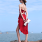 Burgundy A Line Spaghetti Strap Satin Open Back Short Homecoming Dress Vacation Dress Outfits SH3995
