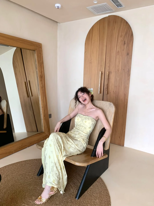 Vintage Light Yellow Sheath Strapless Beaded Satin Prom Dress Wedding Guest Dress SH4559