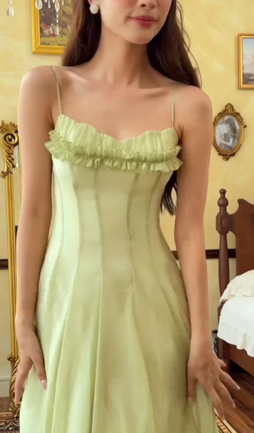 Green A Line Spaghetti Strap Chiffon Long Prom Dress Outfits SH4778