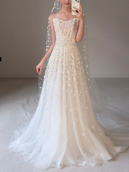 Luxurious A Line Strapless Beaded Floral White Tulle Long Train Wedding Dress SH7726