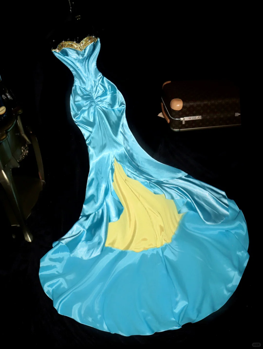 Retro Mermaid Sweetheart Neck Beaded Yellow Blue Satin Prom Dress Evening Dress SH3178