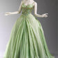 Vintage Ball Gown A Line Spaghetti Strap Beaded Pleated Green Tulle Party Dress Evening Dress SH2849