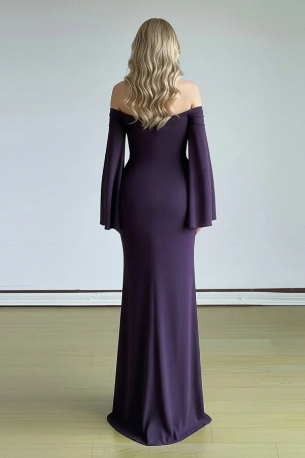 Elegant Dark Purple Sheath Long Sleeve Beaded Chiffon Long Prom Dress Evening Dress SH6610