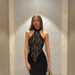 Elegant Black Sheath Halter Lace Satin Long Prom Dress Evening Dress SH7602
