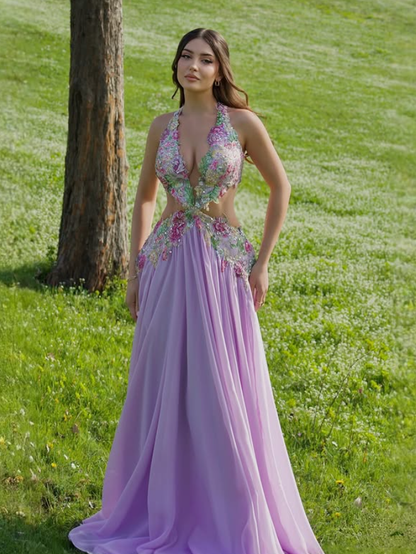 Exquisite Floral A Line V Neck Purple Chiffon Backless Prom Dress Evening Dress SH6334