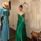 Vintage A Line Halter Pleated Beaded Sequin Emerald Satin Open Back Prom Dress Evening Dress SH2973
